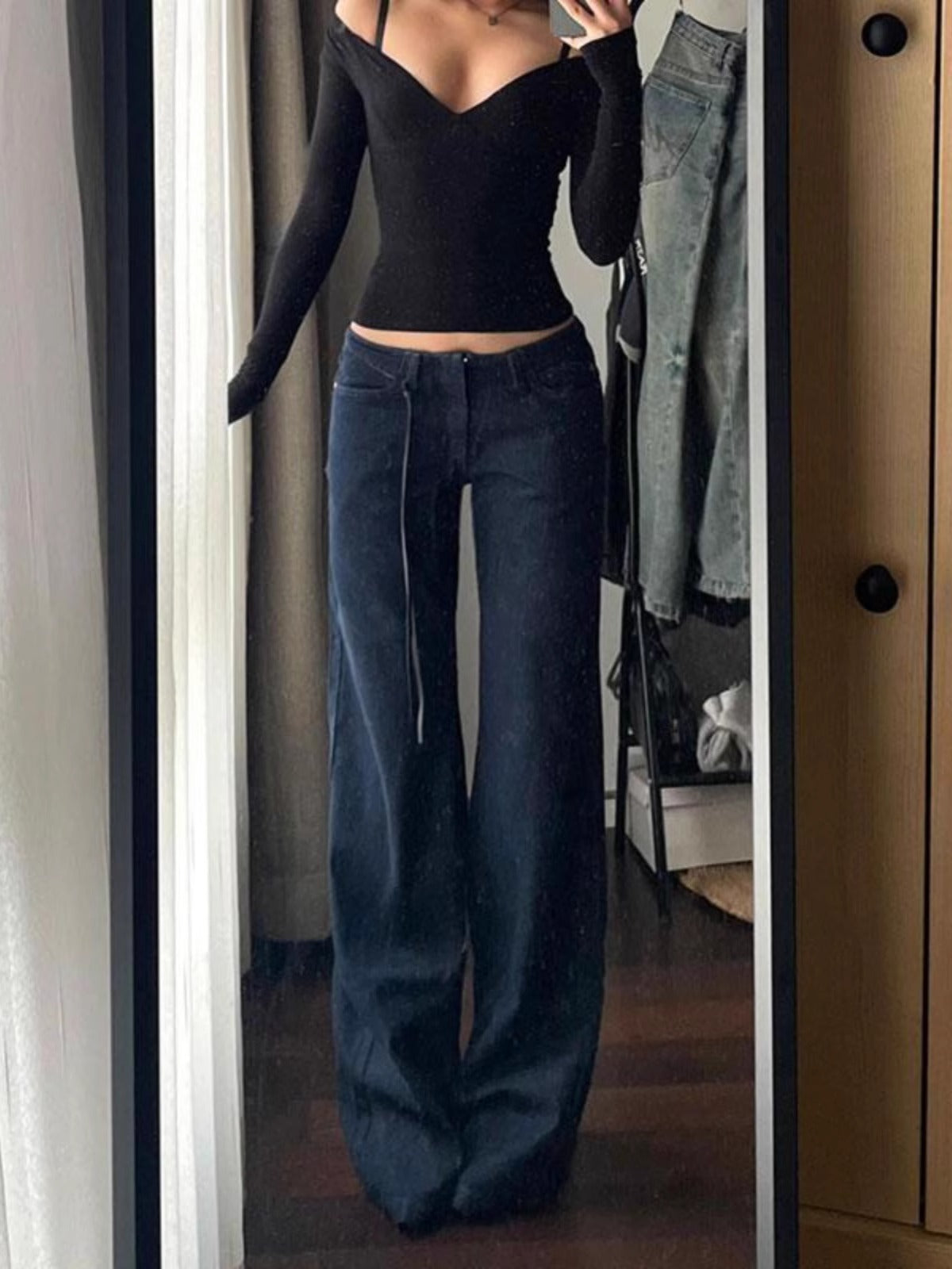 Retro Low Waist Draping Washed Wide-leg Jeans Women