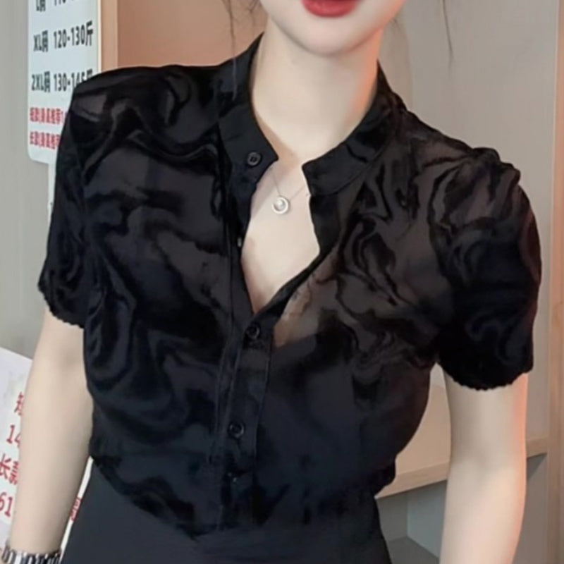 New Summer Black Mesh Short Sleeve Shirt For Women