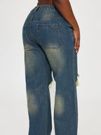 Retro Heavy-duty Washed Knee Ripped Wide-legged Jeans
