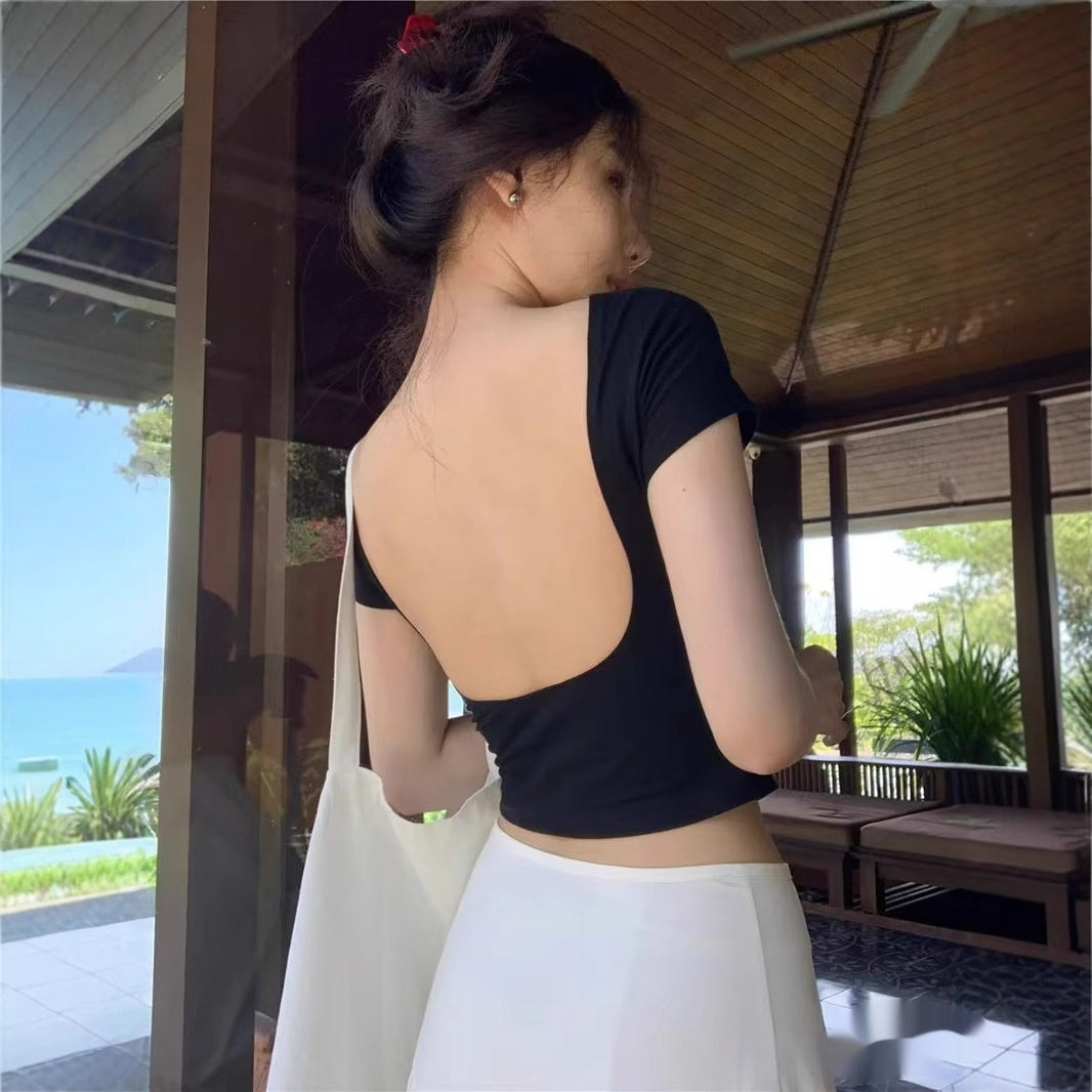 American Sexy Backless Short Sleeve T-shirt Women