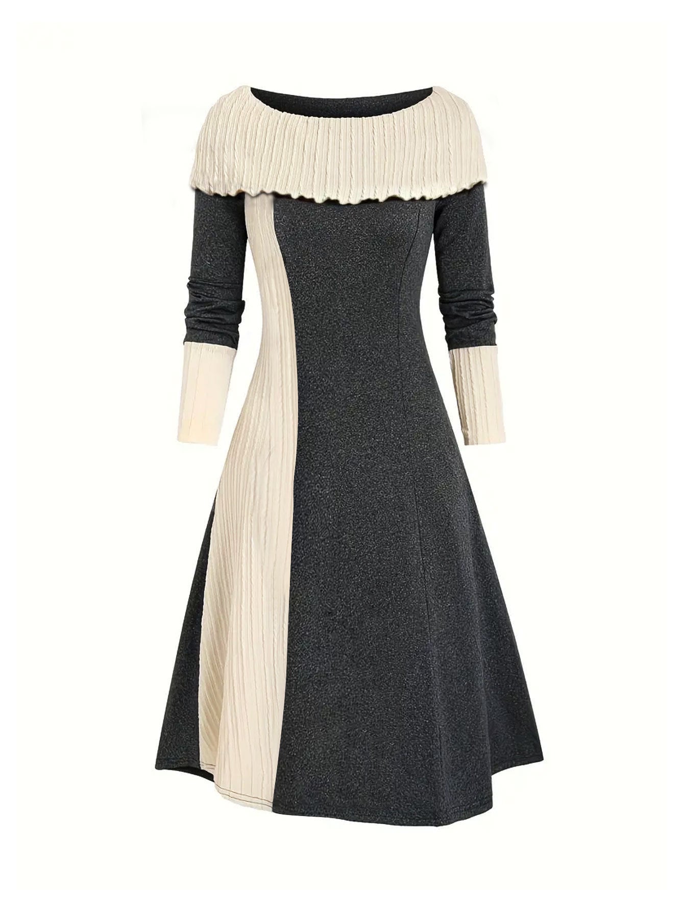 Elegant Scoop Cuffed Long Sleeve Knitted Color-matching Dress