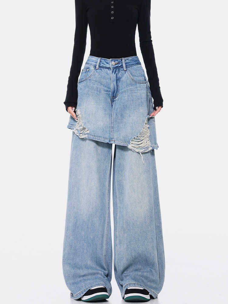 Vintage Blue Washed Fake Two-piece Jeans For Women Ripped Straight Pants