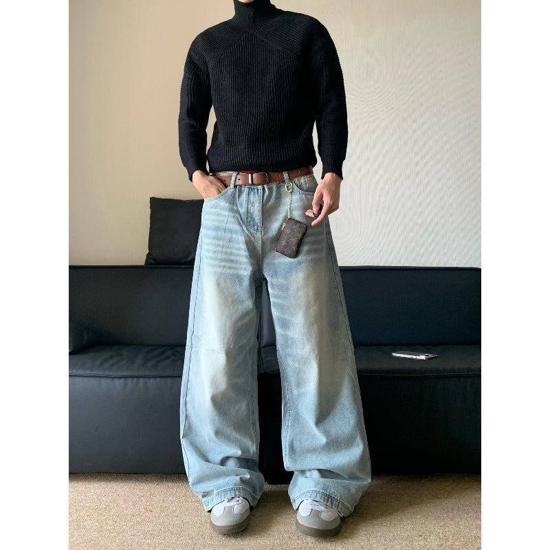 Retro Washed Worn Jeans Men's Loose Straight Wide-leg Pants