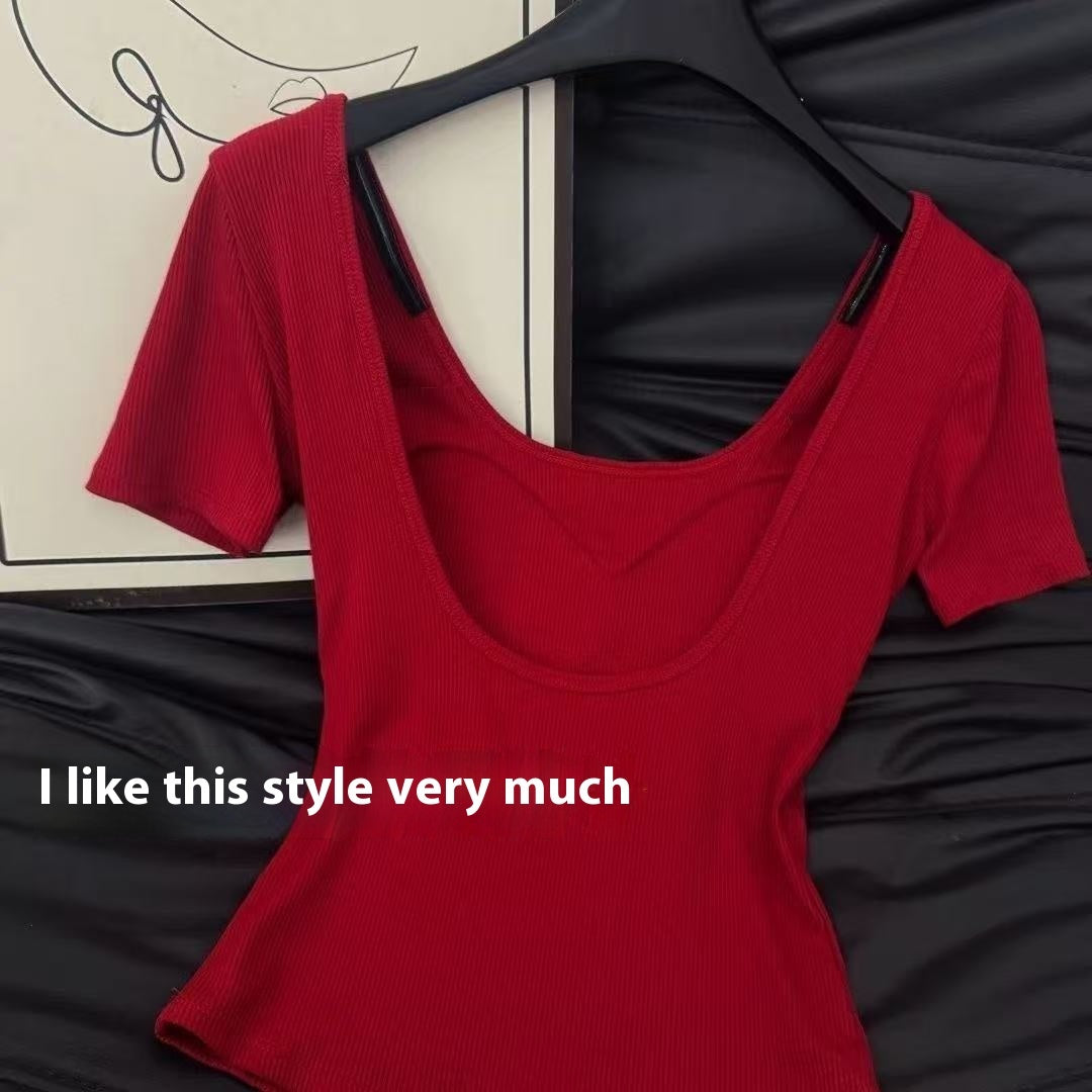 American Sexy Backless Short Sleeve T-shirt Women